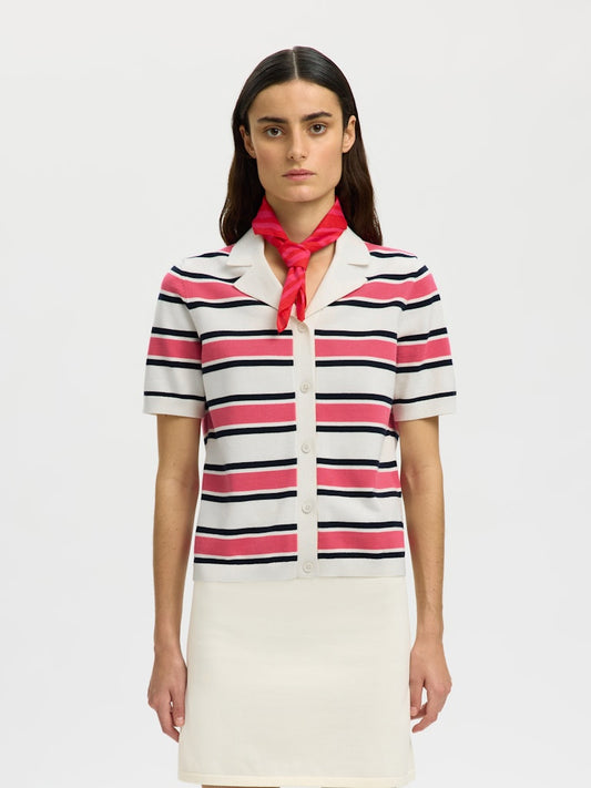 ALFAmour SS Knit Polo Cardigan Egret Hot Pink