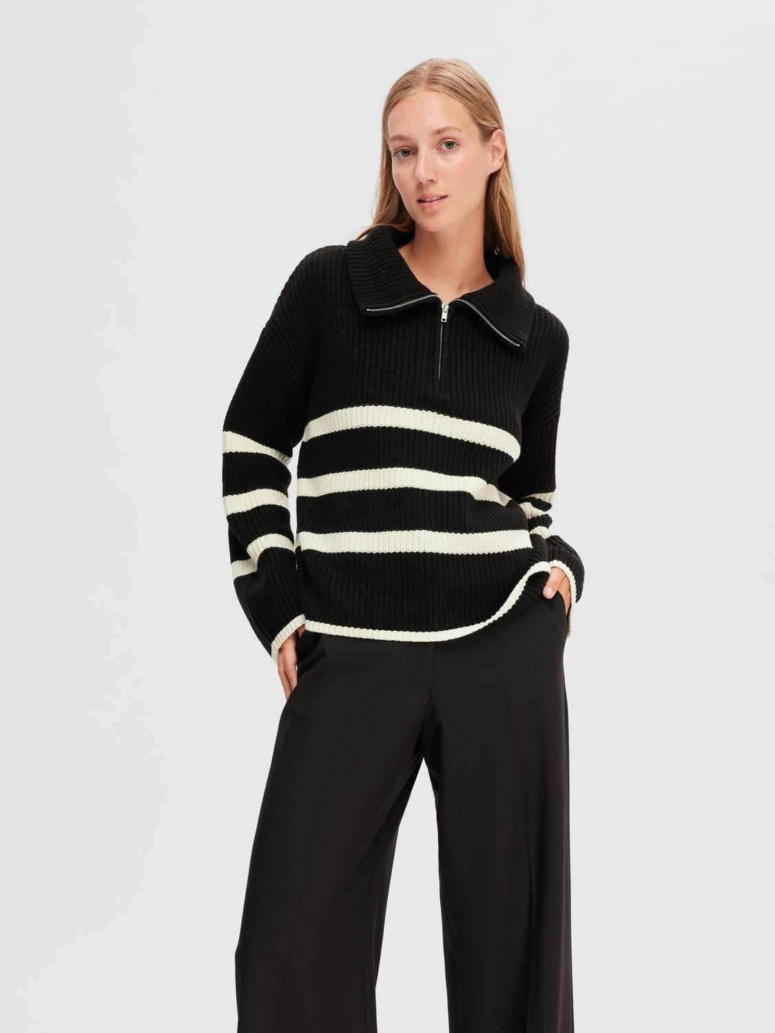 SLFBloomie LS Knit Half Zip Black Snow White