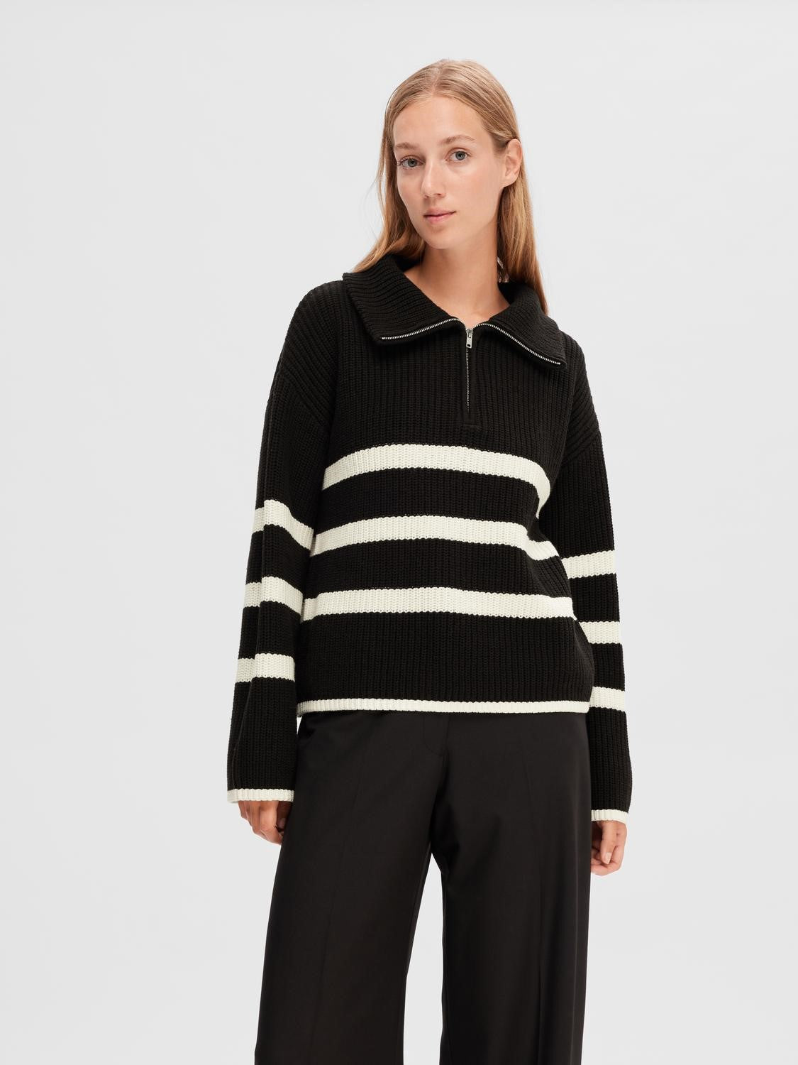 SLFBloomie LS Knit Half Zip Black Snow White