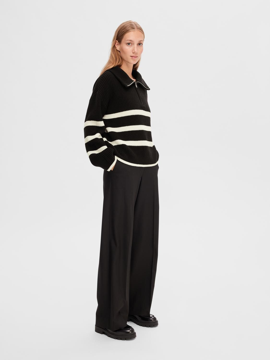 SLFBloomie LS Knit Half Zip Black Snow White