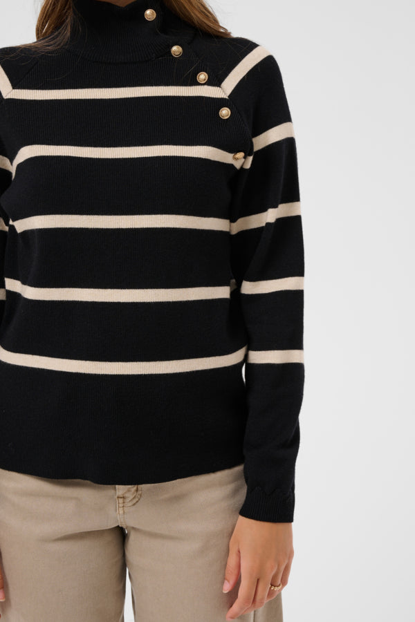 CRDela Button Pullover Black Stripe