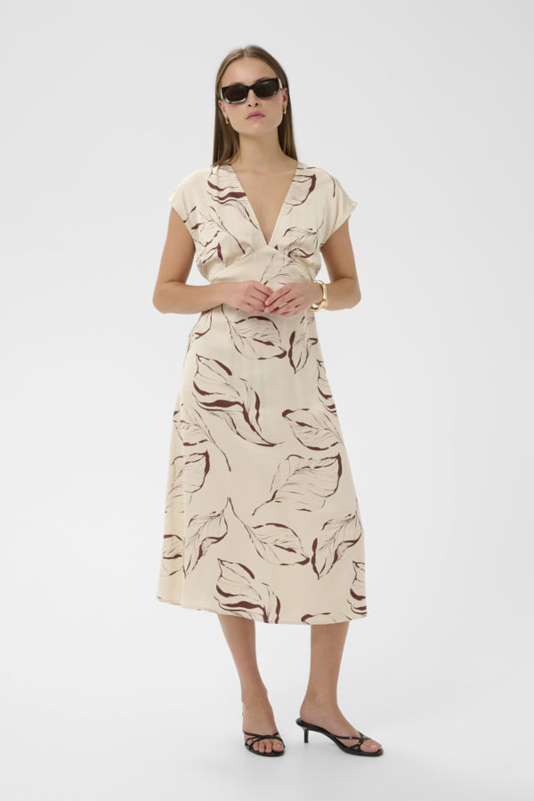 SLClero Midi Printed Dress Oatmeal Leave