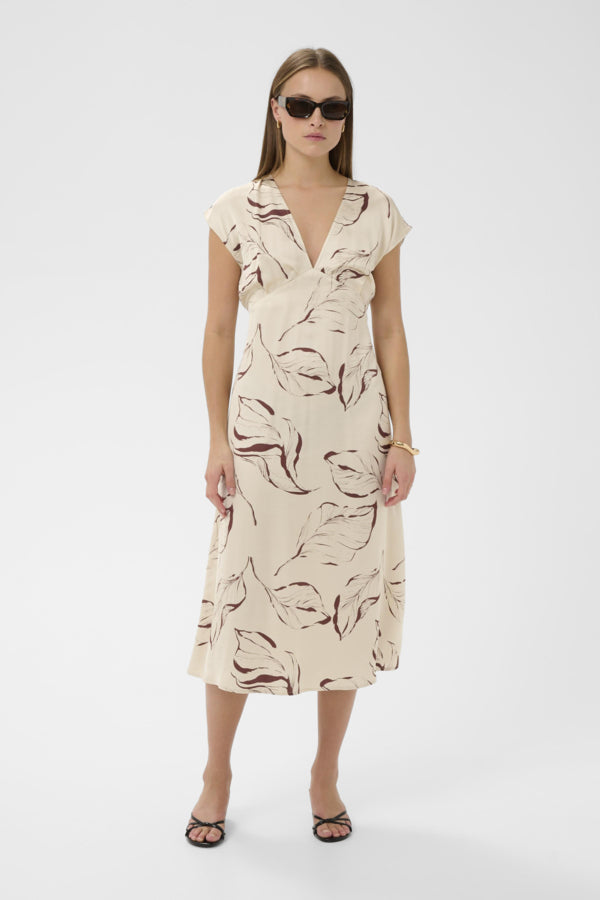 SLClero Midi Printed Dress Oatmeal Leave