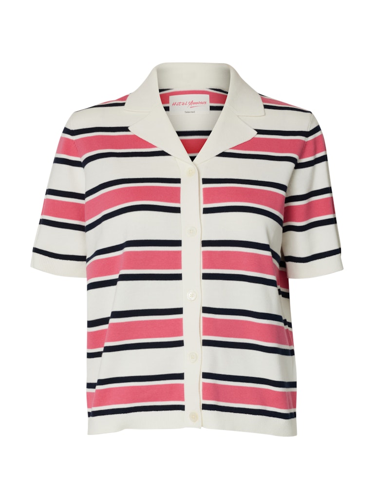 ALFAmour SS Knit Polo Cardigan Egret Hot Pink