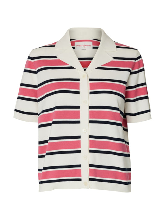 ALFAmour SS Knit Polo Cardigan Egret Hot Pink