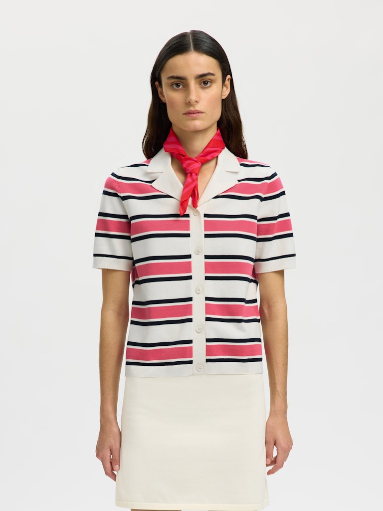 ALFAmour SS Knit Polo Cardigan Egret Hot Pink