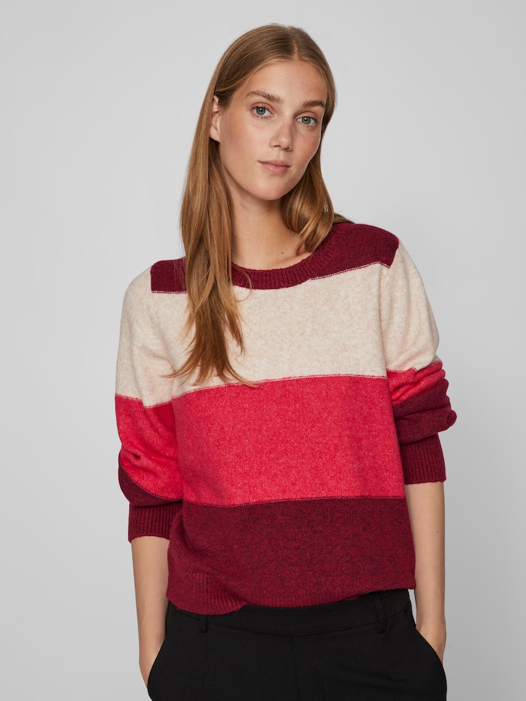 VIElla O-Neck L/S Stripe Knit Top Beet Red