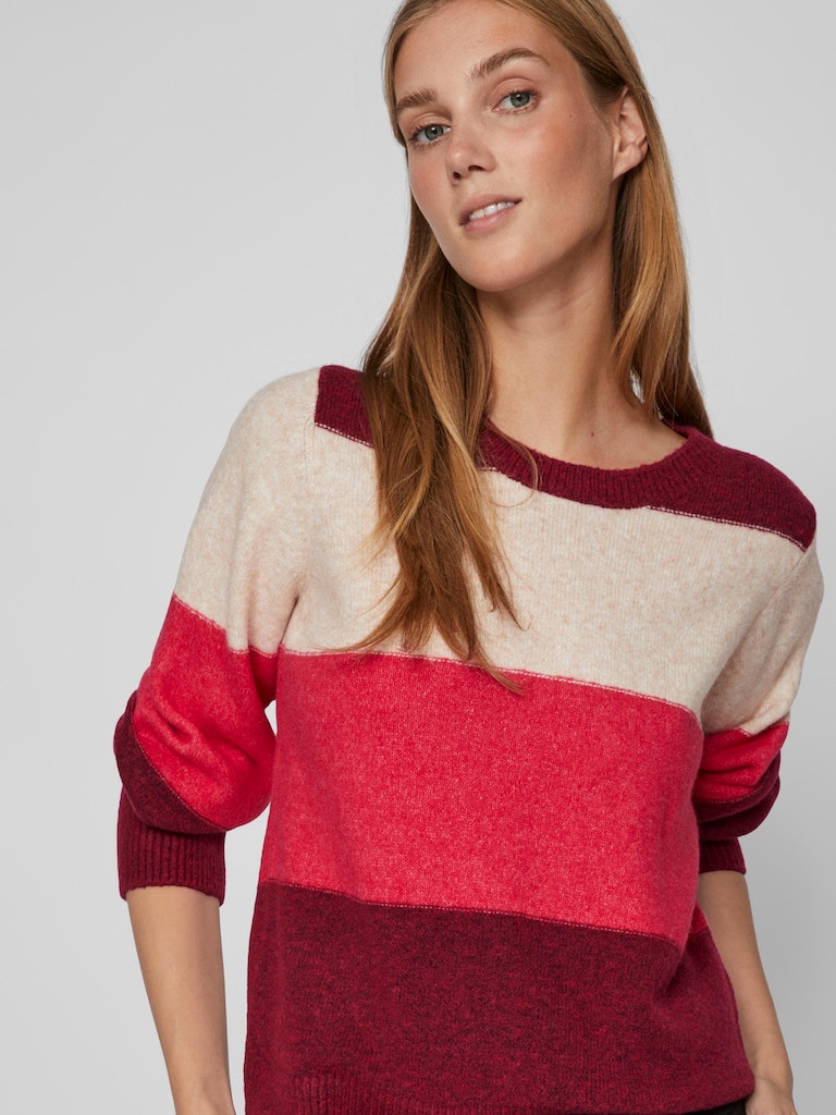 VIElla O-Neck L/S Stripe Knit Top Beet Red