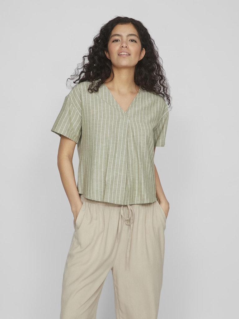 VIPrisilla Striped V-Neck Top Oil Green