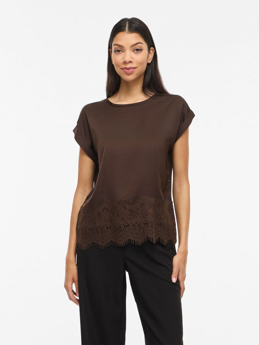 VIEllette S/S Full Satain Lace Top Coffee Bean
