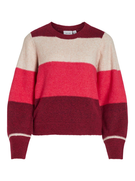 VIElla O-Neck L/S Stripe Knit Top Beet Red